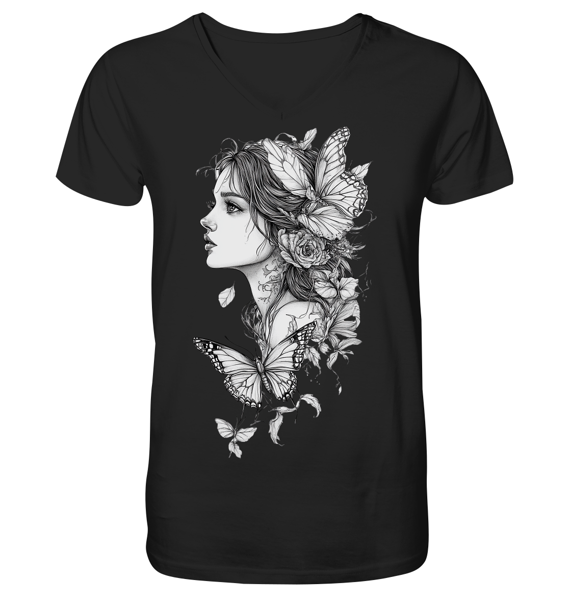 Schmetterlings Frau nur Vorderseiten Druck - V-Neck Shirt