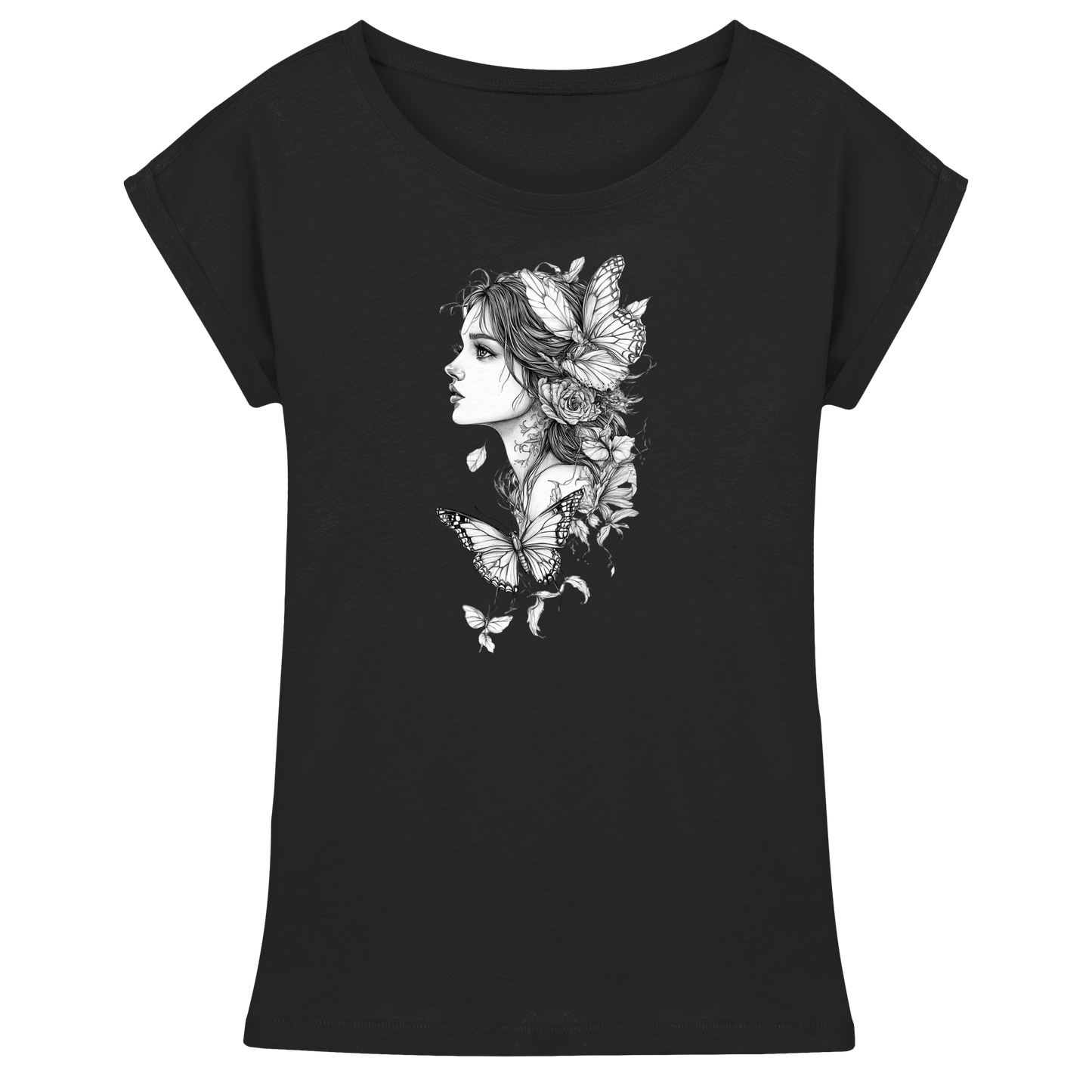Schmetterlings Frau nur Vorderseiten Druck - Womens Extended Shoulder T-Shirt