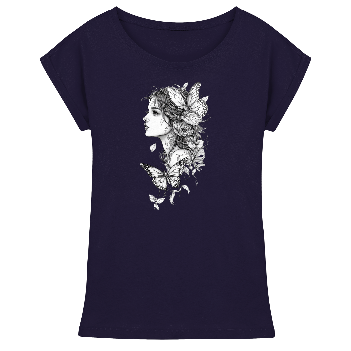 Schmetterlings Frau nur Vorderseiten Druck - Womens Extended Shoulder T-Shirt