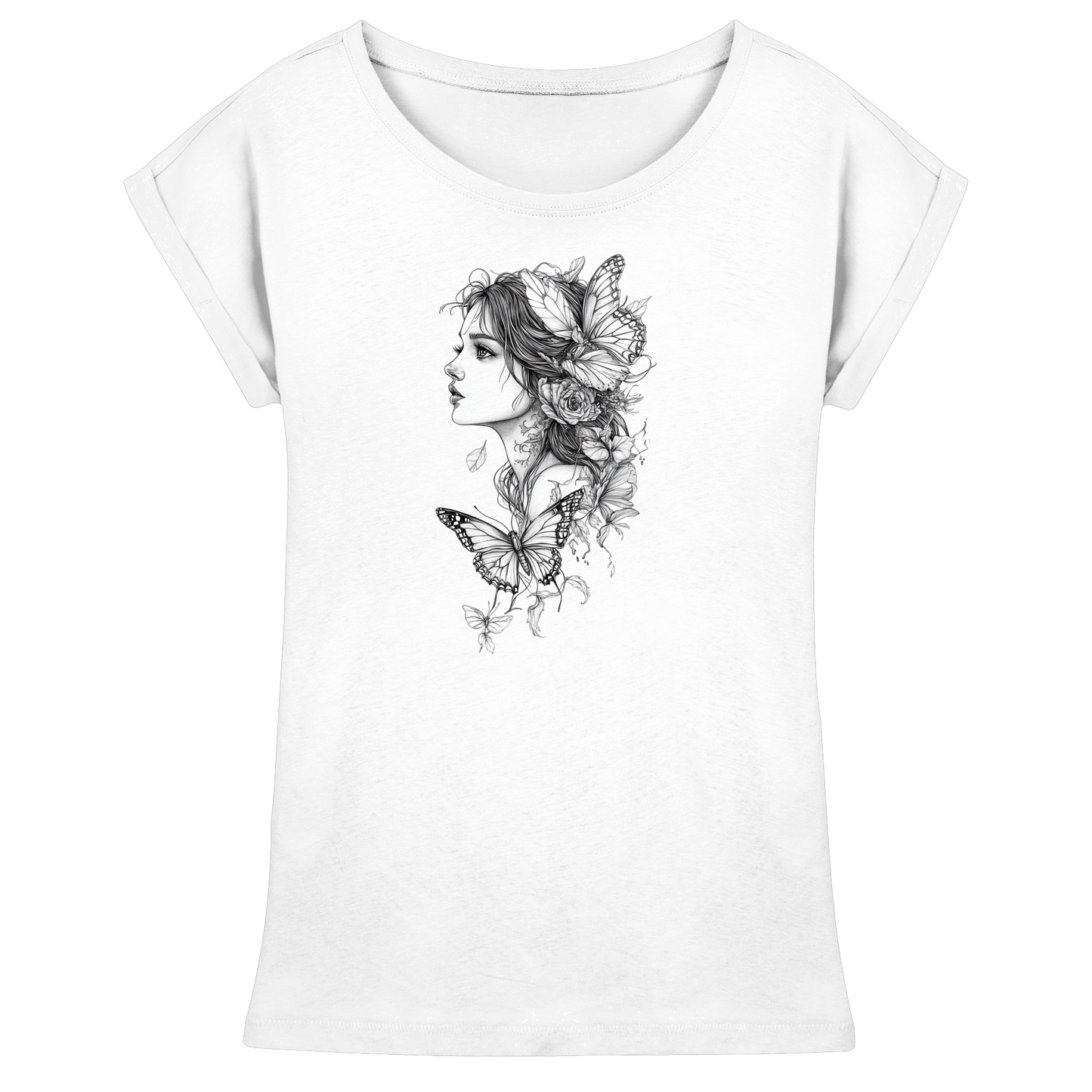 Schmetterlings Frau nur Vorderseiten Druck - Womens Extended Shoulder T-Shirt