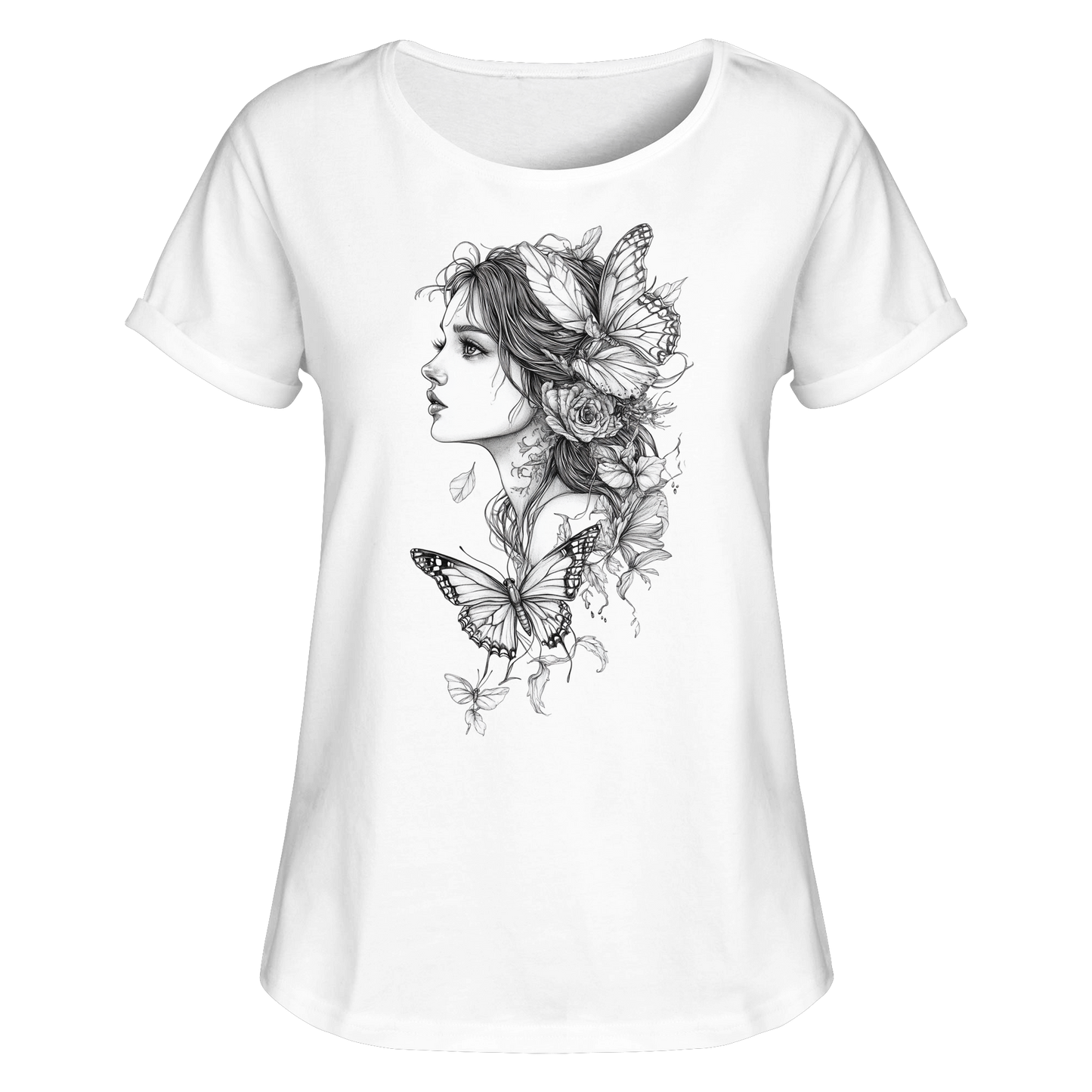 Schmetterlings Frau nur Vorderseiten Druck - Womens Roll-Up T-Shirt
