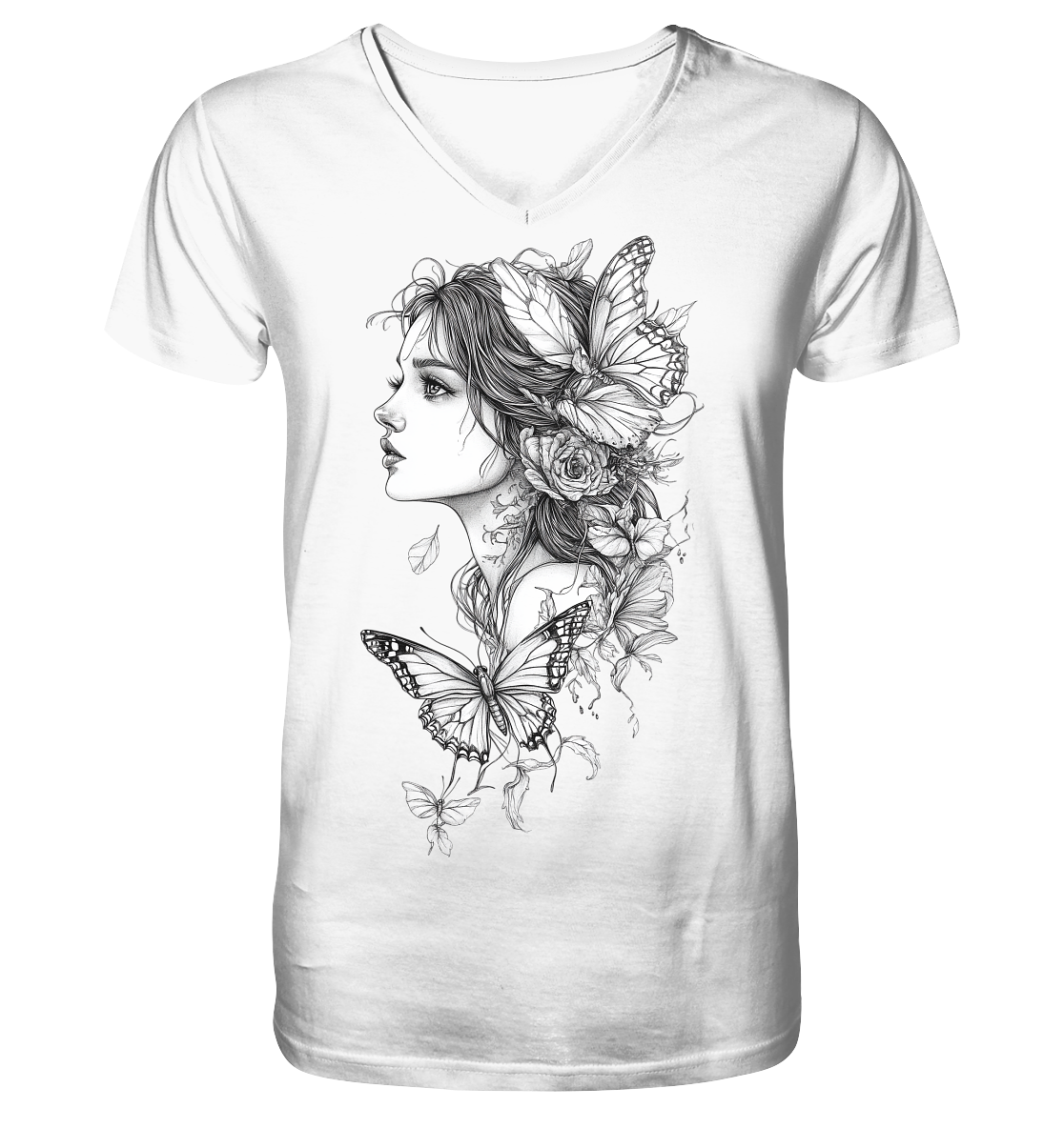 Schmetterlings Frau nur Vorderseiten Druck - V-Neck Shirt