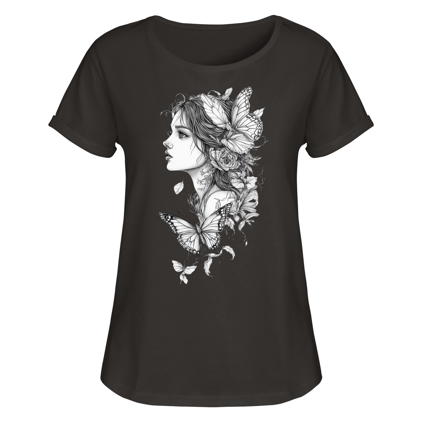 Schmetterlings Frau nur Vorderseiten Druck - Womens Roll-Up T-Shirt