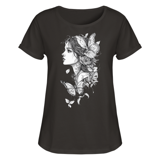 Schmetterlings Frau nur Vorderseiten Druck - Womens Roll-Up T-Shirt